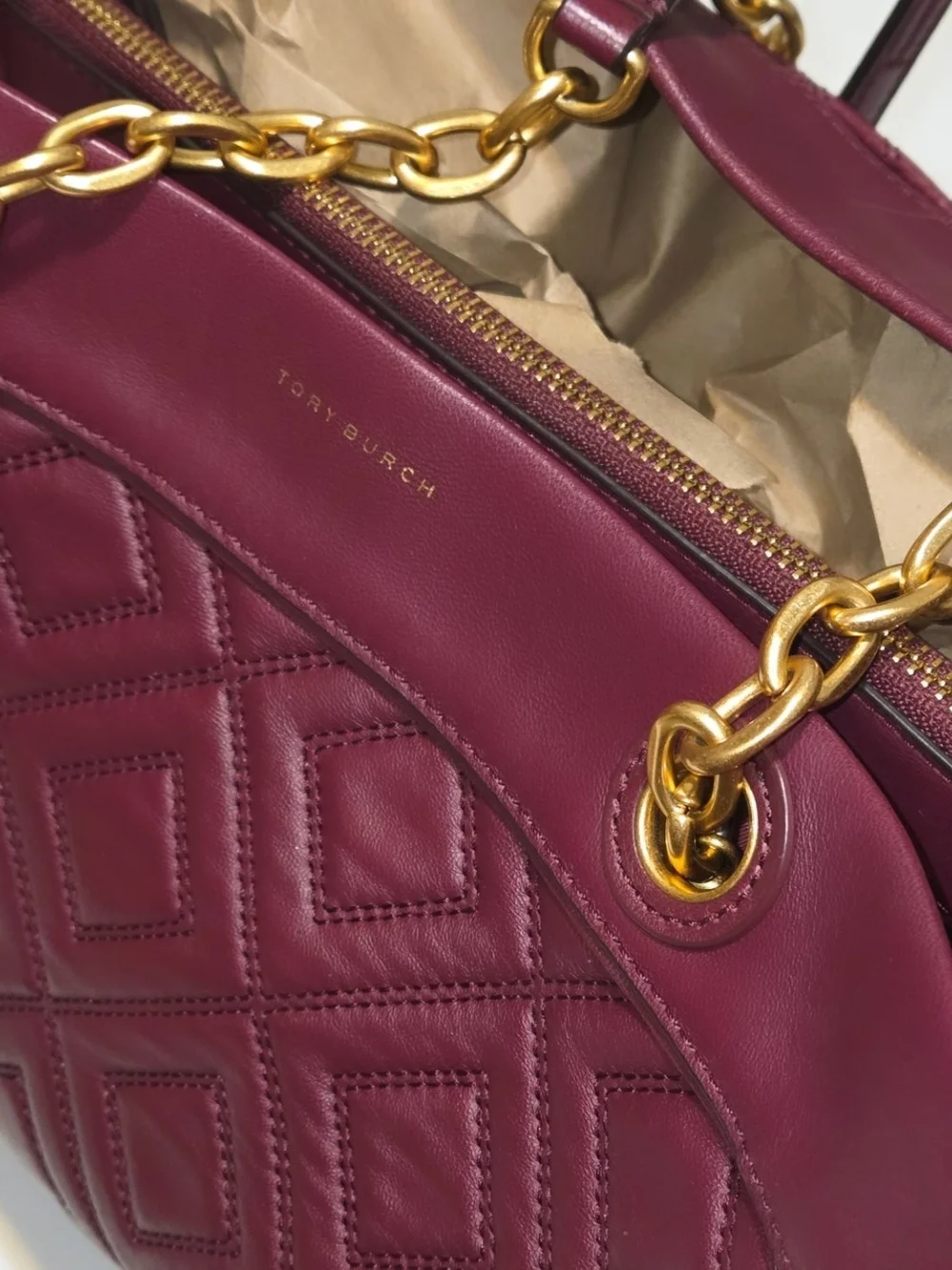 Tory Burch Quilted Leather Shoulder Tote in Burgundy